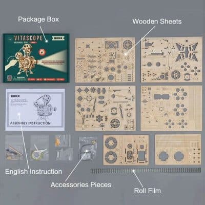 Detailed wooden puzzle model kit for mechanical toy enthusiasts and educational STEM projects. Includes assembly instructions, accessories, and roll film for a fun, DIY mechanical experience.