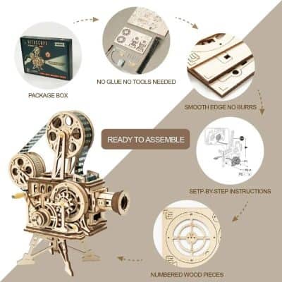 Highly detailed wooden mechanical model kit for assembly, no glue or tools needed, with step-by-step instructions, numbered wood pieces, and smooth edges for an enjoyable DIY experience.