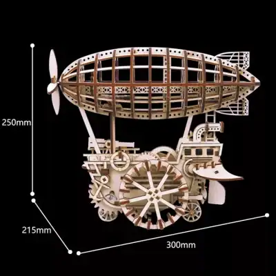 Detailed wooden steampunk airship model, perfect for home décor and collectibles, featuring intricate gears, propeller, and airship design for vintage and steampunk enthusiasts.