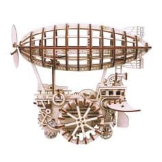 Detailed wooden airship model with clock component, perfect for steampunk decor and unique home accessories. Handmade wooden craft with intricate gears and vintage design.