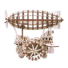 Detailed wooden steampunk airship model, intricate gears, and vintage design—perfect collector's piece for steampunk enthusiasts and model collectors.