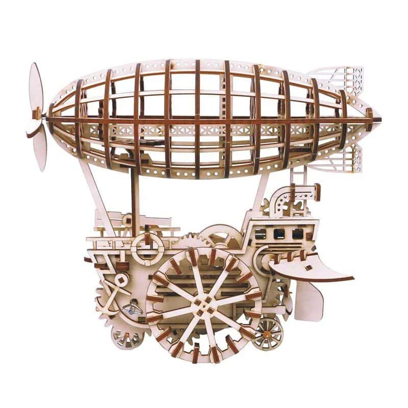 Detailed wooden steampunk airship model, intricate gears, and vintage design—perfect collector's piece for steampunk enthusiasts and model collectors.