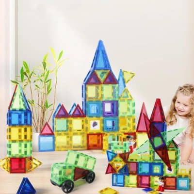 Bright, colorful magnetic building tiles used for creative play and STEM education. Includes castles, vehicles, and figures to inspire children’s imagination and motor skill development. Safe, durable, and perfect for kids' learning activities.