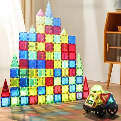 Bright, magnetic construction tiles for children, fostering creativity and STEM learning. Perfect educational toy for young builders to develop spatial skills and imagination.