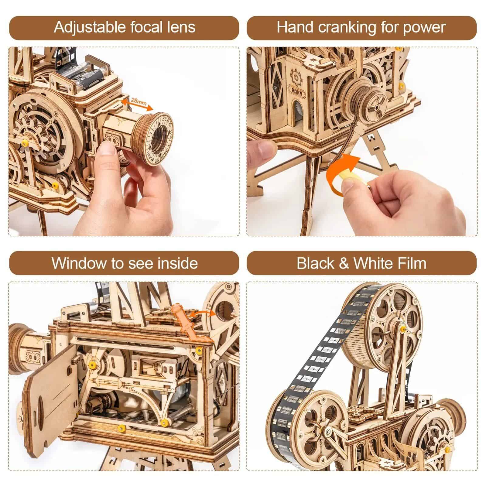 2. Close-up of wooden mechanical model showing adjustable focal lens, hand crank, interior window, and black & white film roll for intricate craftsmanship and DIY mechanical projects.