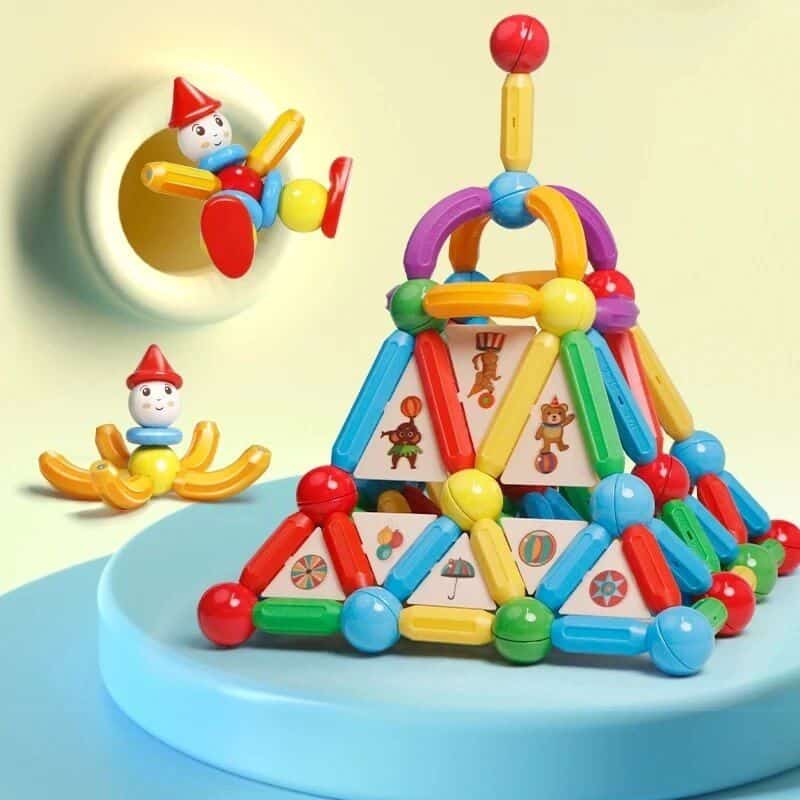 Bright, educational wooden building blocks for children, featuring playful circus-themed illustrations, ideal for developing fine motor skills and creativity.