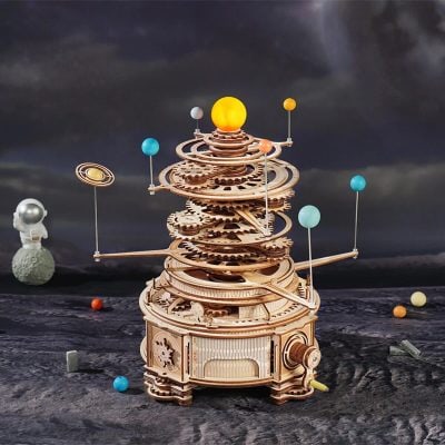 Detailed wooden solar system model with planets and gears, ideal for educational use and space enthusiasts. Crafted from high-quality wood, it showcases planetary details and intricate mechanical design.