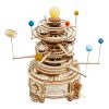 Detailed wooden solar system model with rotating planets and gears, perfect for educational purposes and decorative displays in optometry offices.