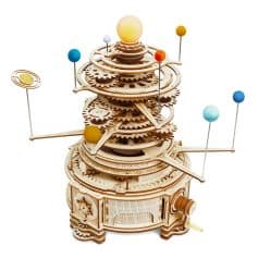 Detailed wooden mechanical clock with moving gear mechanisms and planetary orbits. Precision-crafted and educational clock model for enthusiasts and collectors.