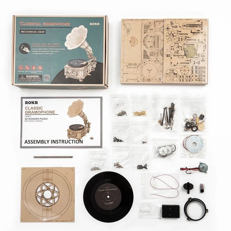 Deluxe mechanical gramophone toy with detailed parts, wooden puzzle, and musical vinyl record for kids and collectors at Monalisa Store.