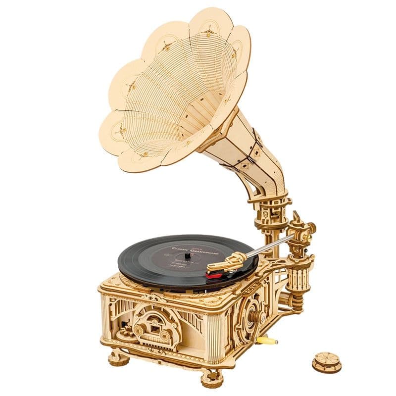 Vintage mechanical phonograph with wooden detailed craftsmanship for music lovers and collectors, perfect for nostalgic ambiance and stylish home décor.