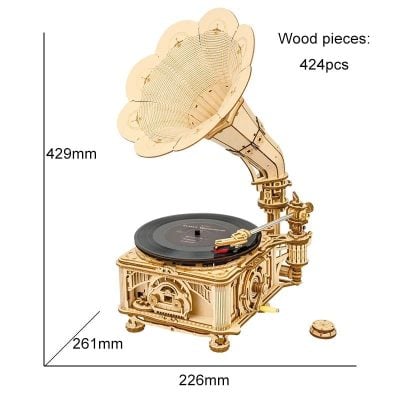 Highly detailed wooden vintage record player with intricate craftsmanship and classic design, perfect for music lovers and home decor enthusiasts.