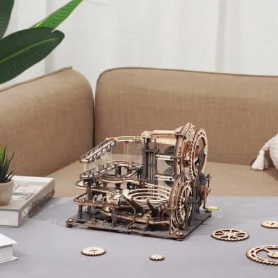 Intricate wooden mechanical puzzle with gears, levers, and moving parts, perfect for sensory stimulation and fine motor skills development. Ideal for Toddler and Kids.