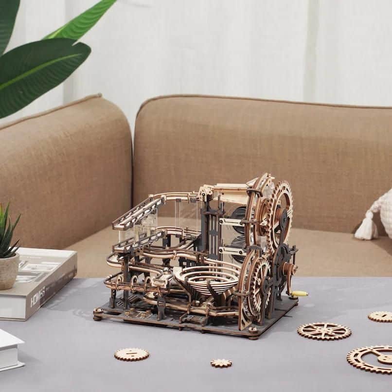 Intricate wooden mechanical puzzle with gears, levers, and moving parts, perfect for sensory stimulation and fine motor skills development. Ideal for Toddler and Kids.