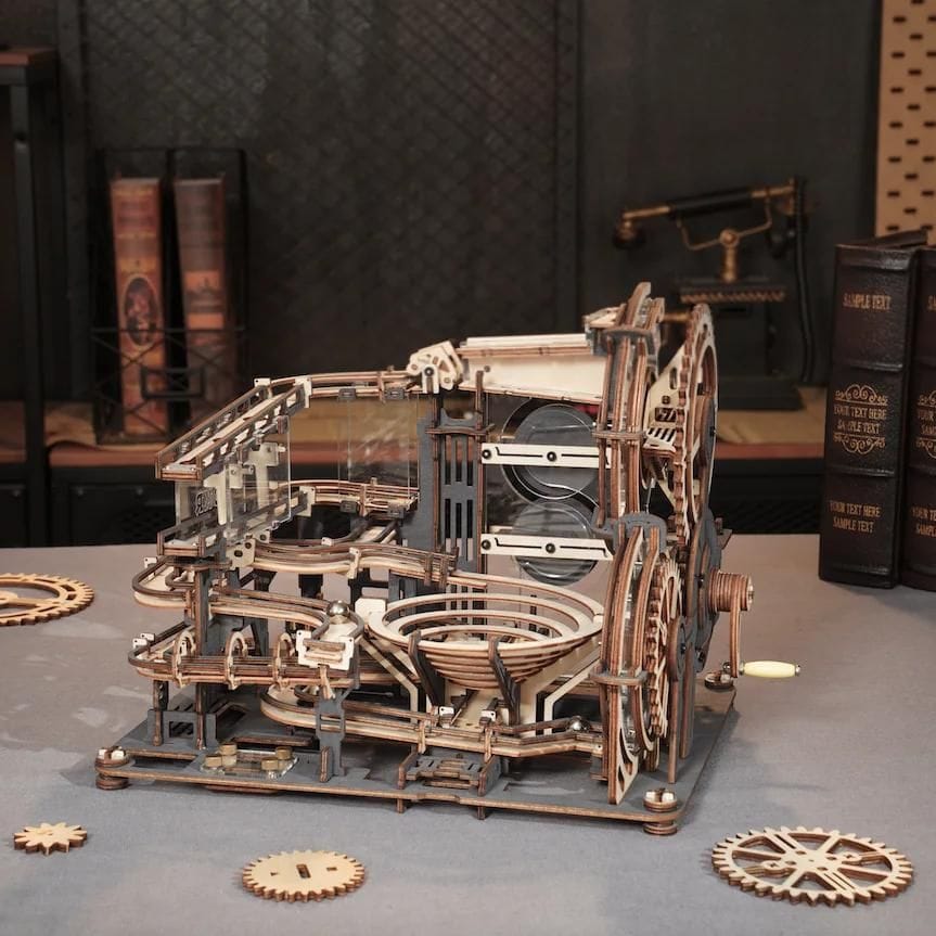 Intricate wooden gear clockwork model with moving parts, showcasing craftsmanship and mechanical design, perfect for collectors and enthusiasts of mechanical arts and engineering.