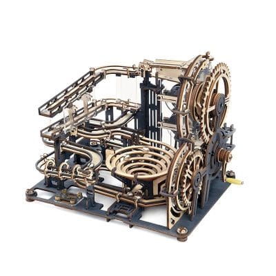 Intricate wooden mechanical maze puzzle for entertainment and brain exercise. Handcrafted gear and track system, perfect for puzzle enthusiasts and gift seekers.
