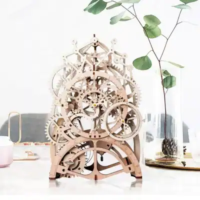 A detailed wooden mechanical gears clock on a desk, surrounded by modern decor, showcasing craftsmanship and intricate design. Perfect for enhancing home or office aesthetic.