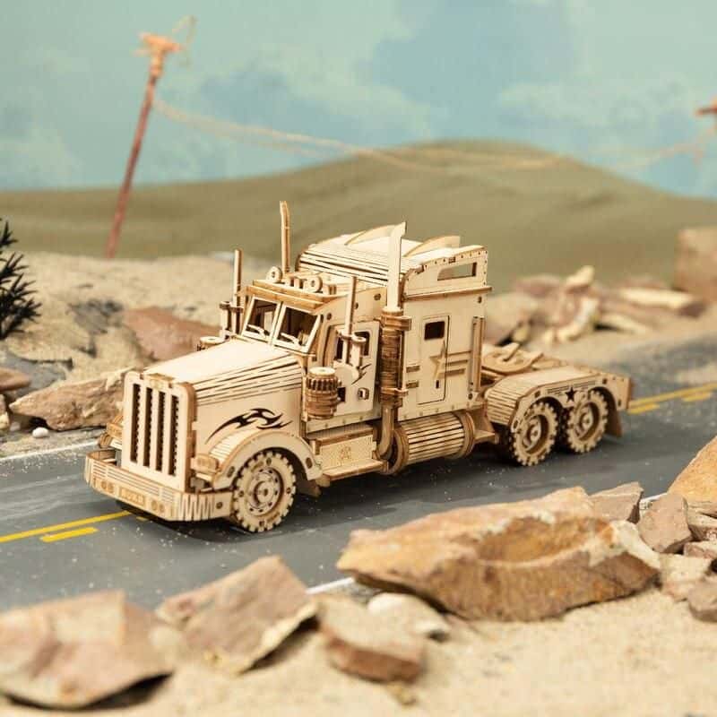 Detailed wooden truck model for optical displays and store decor, perfect for enhancing opt store aesthetics and attracting customers. Handcrafted wooden vehicle for optical shop interior design.