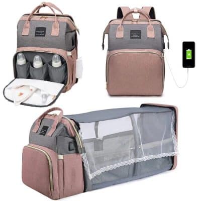 Versatile maternity diaper backpack with insulated bottle holders, spacious compartments, and foldable changing pad for parents on the go.