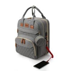 Lightweight grey backpack with multiple compartments for medical supplies, phone charger, and accessories. Perfect for healthcare professionals on the go.