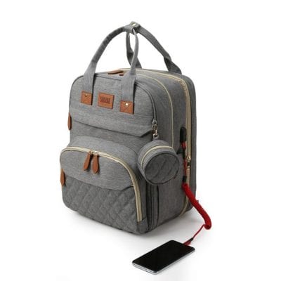 Lightweight grey backpack with multiple compartments for medical supplies, phone charger, and accessories. Perfect for healthcare professionals on the go.