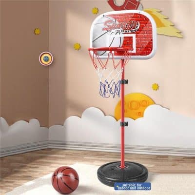 High-quality adjustable indoor/outdoor basketball hoop for children, featuring safe backboard, sturdy stand, and mini basketball for active fun. Perfect for home or school play areas.