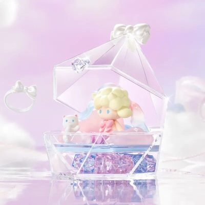 Adorable mermaid girl figurine with pastel colors, accompanied by a tiny cat figure, inside a clear decorative box with a pink and purple theme, perfect for cute collectibles and gift ideas.