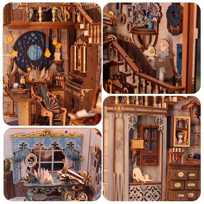 Whimsical wooden bookshelf and decor embodying fairy tale charm, perfect for children's rooms or themed spaces seeking enchanting, handcrafted furniture with detailed artistry.