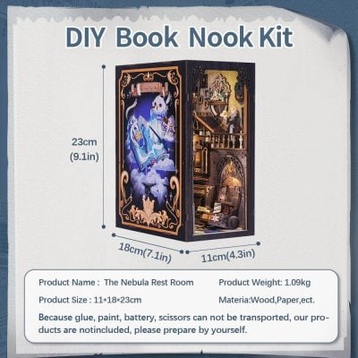 Decorative DIY book nook kit for shelves, inspired by spooky, artistic themes. Crafted from wood and paper, perfect for enhancing your collectible display or opt home decor.