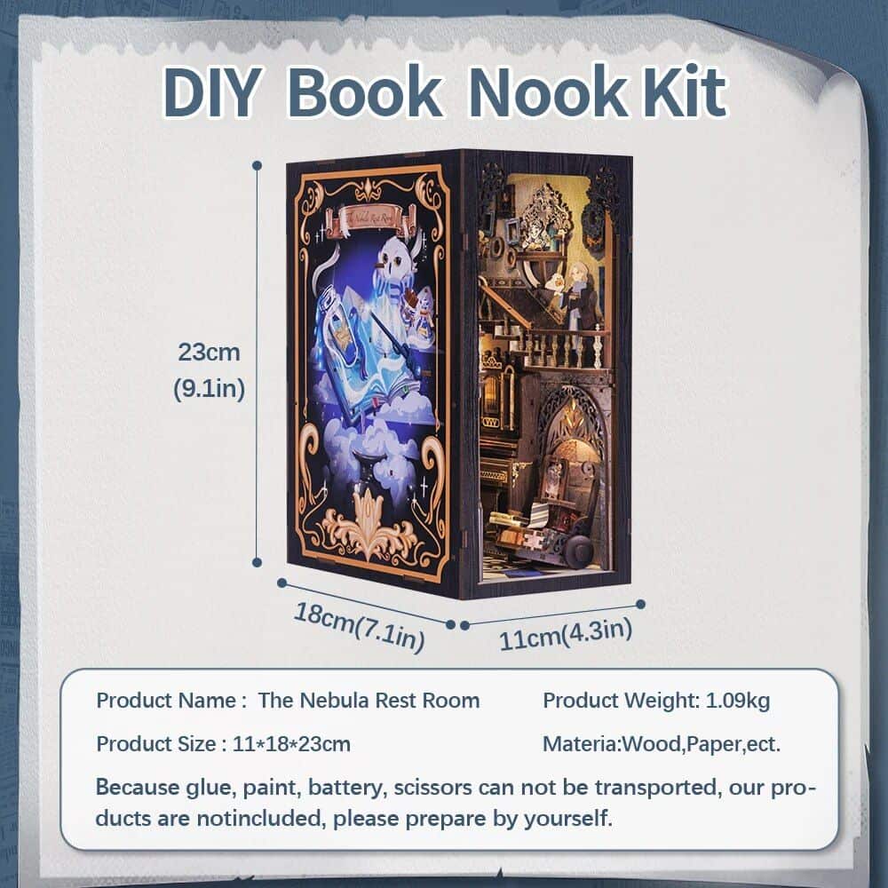 Decorative DIY book nook kit for shelves, inspired by spooky, artistic themes. Crafted from wood and paper, perfect for enhancing your collectible display or opt home decor.