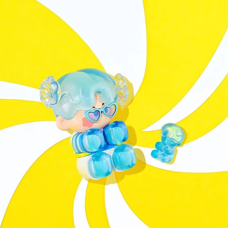 Bright girl doll with heart sunglasses, pastel blue hair, and playful accessories for kids' fashion and toys.