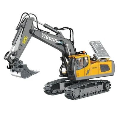Detailed image of a yellow and black remote-controlled construction excavator toy, captured up-close showcasing realistic details and functionality suitable for educational and entertainment purposes.