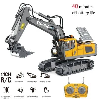 Robotic remote control excavator toy for kids with realistic design, 40-minute battery life, mini construction vehicle with multiple functions and LED lighting for indoor and outdoor play.