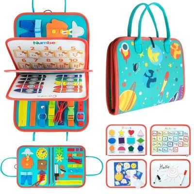 Colorful kids' learning bag with educational accessories, drawings, and activities for preschool children. Perfect for early childhood development and fun learning.