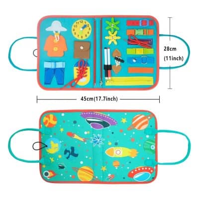 Colorful kids first aid kit with space-themed design, includes medical supplies, toys, and accessories for travel and emergencies, perfect for young children and parents.