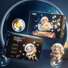 Adorable space-themed bubble camera with astronaut character, perfect for kids, featuring easy-to-use controls, fun bubbles, and a playful outer space design. Ideal for children's camera accessories.