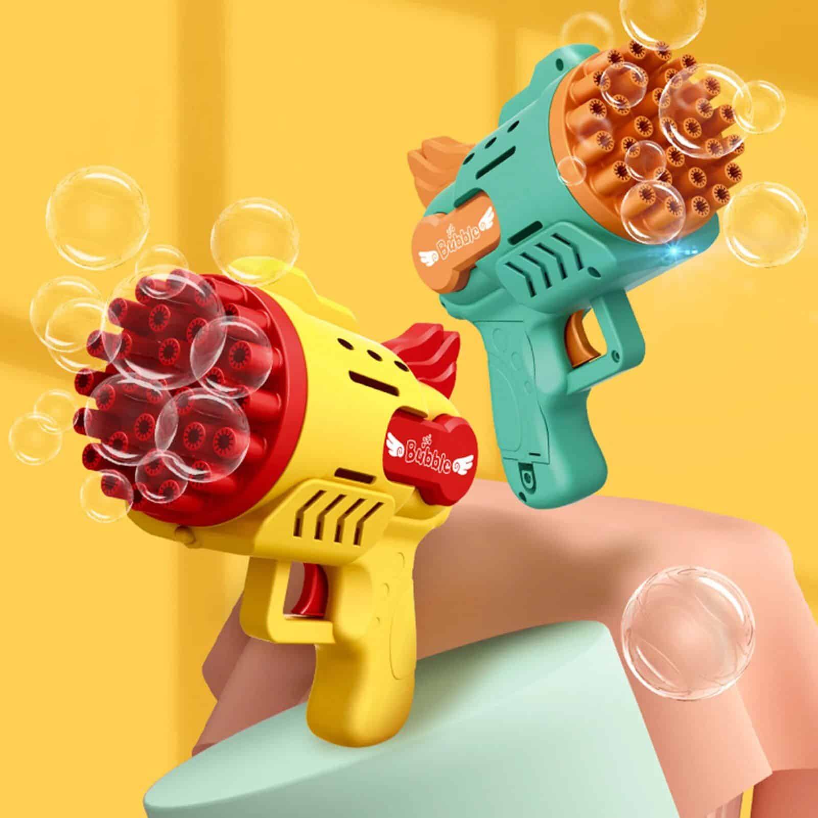 Brightly colored toy bubble guns with multiple bubble-making tubes, designed for kids' outdoor play and parties, providing fun bubble explosions for kids’ entertainment during summer and pool days.