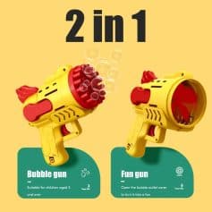 Bright yellow bubble and fun gun for children, easy to transform into a fan by opening the outlet cover. Perfect for kids aged 3 and over, offering engaging play suitable for children 3+ years.