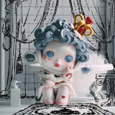 Adorable monalisa-themed doll with curly hair, blue eyes, and a thoughtful pose, set in a whimsical bathroom with artistic black-and-white doodle background for home decor or gift ideas.