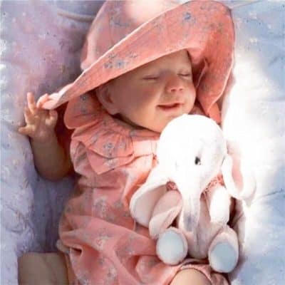 Adorable baby wearing a pink floral hat and dress, holding a plush elephant toy in a cozy setting. Perfect for children’s products, baby accessories, and adorable infant content.