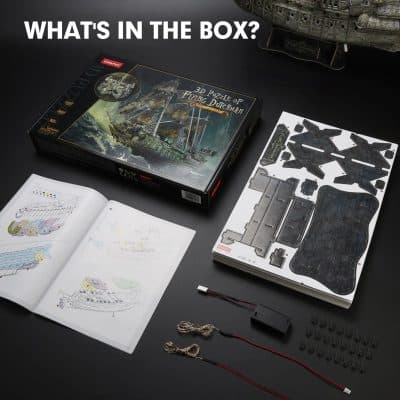 Detailed 3D puzzle of the Flying Dutchman ship for enthusiasts. Includes assembly instructions, metal pieces, and LED lights to create a realistic model. Perfect for maritime history lovers and puzzle collectors.