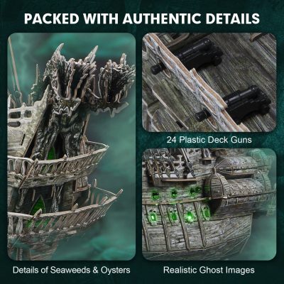 Detailed seaweed and oyster structures, realistic ghost ship imagery, and innovative design for display and decoration purposes.