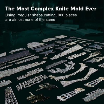 Detailed image of complex knife mold pieces used for precise surgical or medical applications, emphasizing high-quality craftsmanship in the medical industry.