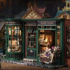 Detailed image of a miniature magic wand shop with vibrant, themed storefronts perfect for magic enthusiasts and collectors.