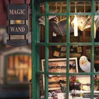 A cozy shop display featuring mystical decor, vintage-inspired accessories, and enchanting items like a 'Magic Wand' sign, charming jewelry, and whimsical decorations. Perfect for magic-themed or fantasy-inspired retail stores.