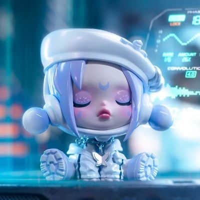 Cute robot figure with a soft, dreamy expression, wearing a spacesuit and helmet, set against a tech-inspired background with data visuals, emphasizing innovation and modern design.
