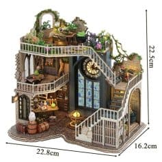 Detailed miniature model of a fantasy house with multiple floors, stairs, and decorative elements. Perfect for collectors and dollhouse enthusiasts seeking a unique display piece.
