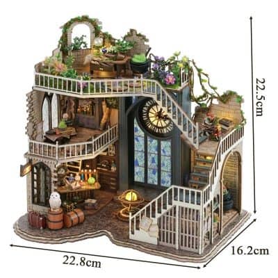 Detailed miniature model of a fantasy house with multiple floors, stairs, and decorative elements. Perfect for collectors and dollhouse enthusiasts seeking a unique display piece.