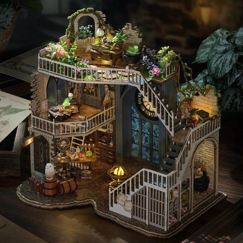 Detailed dollhouse with miniature opt setup, books, plants, and lighting, showcasing a creative and immersive store display ideal for optical retail themes.