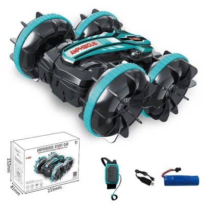 Miniature hovercraft toy with four propellers, remote control, and battery pack, ideal for kids' play and outdoor adventures. Durable and easy to operate, perfect for developing coordination and STEM skills.